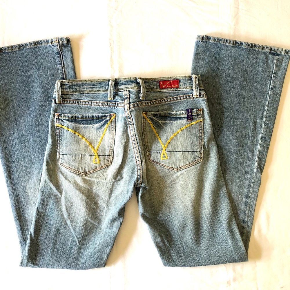 Flare wide leg stretch stone-washed faded denim jeans women’s size 27 26 25
